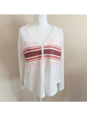 Colsie Waffle Knit Cardigan Women XS White Striped Oversized Thermal Button Up